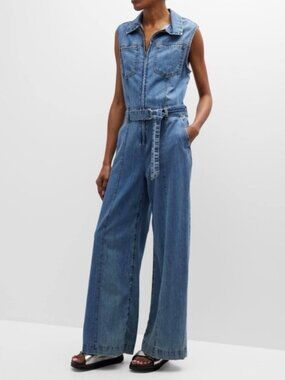 FRAME Sleeveless Wide Leg Denim Jumpsuit Utility Size S